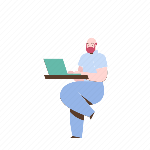 Character, builder, laptop, computer, workspace, man, male illustration - Download on Iconfinder
