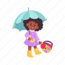 children, under, umbrella, flat, icon, happy, girls, backpack, accessory