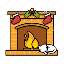 christmas, fireplace, cat, mistletoe, sock