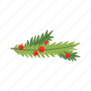 christmas, holidays, flat, icon, evergreen, branch, berries, bells, season