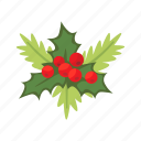 christmas, decoration, flat, icon, evergreen, conifer, branch, mistletoe, bells