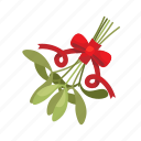 mistletoe, flat, icon, ribbon, red, foliage, art, decorative, winter