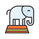 elephant performing, hoop, popcorn, drums, fire, magic, bicycle, tent