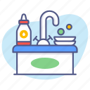 basin, sink, washbasin, kitchen, washstand, dishes, restaurant