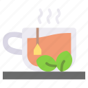 hot, mug, tea, teabag, leaf
