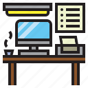 computer, desk, household, office, printer, table, workspace