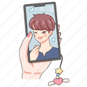 phone, boyfriend picture, phone screen, holding, relationship, smartphone, mobile phone, korean idol, cartoon