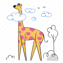 giraffe, animal, wildlife, nature, cloud, tree, birds 