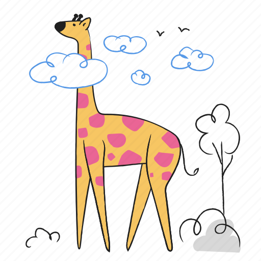 Giraffe, animal, wildlife, nature, cloud, tree, birds illustration - Download on Iconfinder