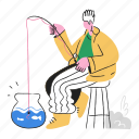 man, chair, stool, furniture, fishing, pole, fishbowl, person, character, people