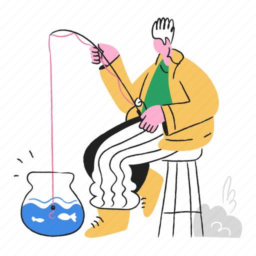 Man, chair, stool, furniture, fishing, pole, fishbowl illustration - Download on Iconfinder