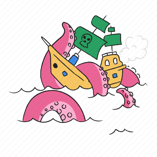 Sea, ocean, monster, ship, pirate, destroy, tentacles illustration - Download on Iconfinder