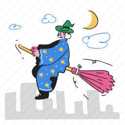 witch, broomstick, broom, night, fly, moon, cloud, character, halloween 