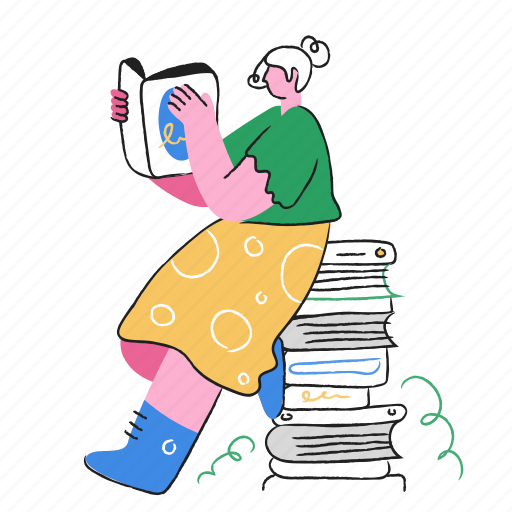 Woman, reading, read, books, book, library, person illustration - Download on Iconfinder