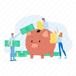 crowdfunding, businesspeople, add, money, piggy, bank, man 
