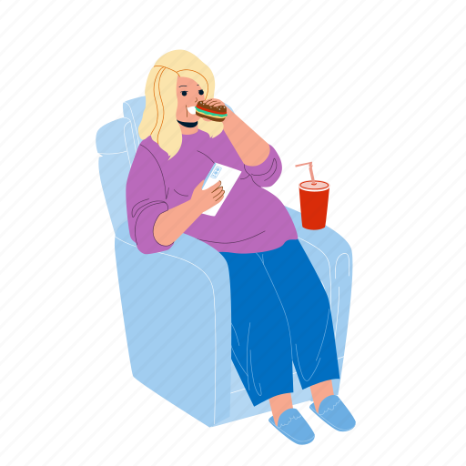 Overweight, girl, eat, fast, food, armchair, young illustration - Download on Iconfinder