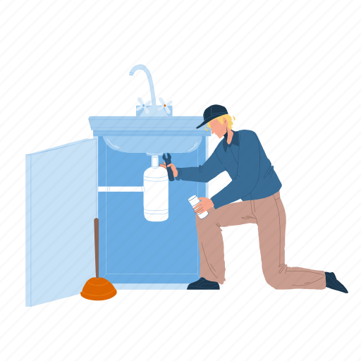 Plumber, working, overall, fixing, sink, man, fix illustration - Download on Iconfinder