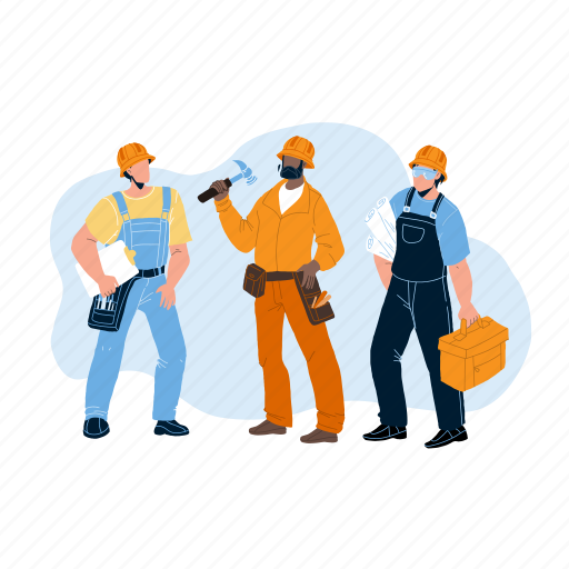 Builders, building, equipment, plan, men, wearing, uniform illustration - Download on Iconfinder