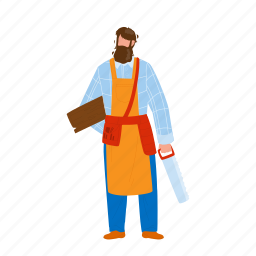 carpenter, holding, saw, wooden, bearded, man 