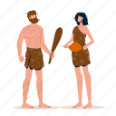 caveman, primitive, man, talking, woman, holding, wooden 