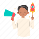 branding and marketing, team, marketing, promotion, rocket launch, megaphone, startup business, people, activity 