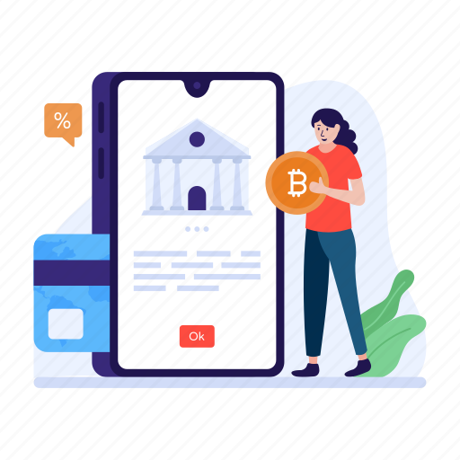 Crypto bank, bitcoin bank, digital banking, banking app, blockchain banking illustration - Download on Iconfinder