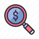 currency, dollar, money, magnifying glass, finance, business 