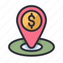 currency, map, dollar, coin, money, location, pin 