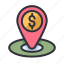 currency, map, dollar, coin, money, location, pin 