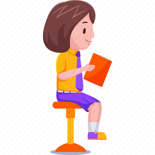Cute, kids, girl, student, reading, book, while illustration - Download on Iconfinder