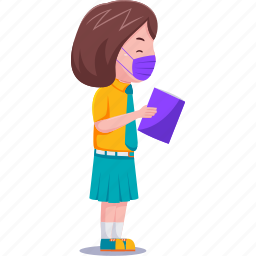 cute, kids, girl, student, reading, book, mask 
