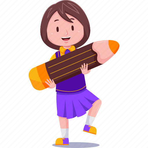 Cute, kids, girl, student, with, pencil, female illustration - Download on Iconfinder