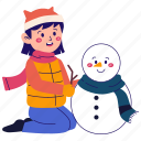 girl, snowman, winter, winter activity, wintertime