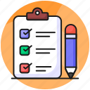 checklist, survey, clipboard, pencil, page, document