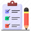 checklist, survey, clipboard, pencil, page, document
