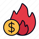 burning, spend, money, overspend, debt, business and finance, fire, coin, fund
