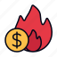 burning, spend, money, overspend, debt, business and finance, fire, coin, fund 
