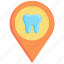 clinic, dentist, location, pin, point, sign, tooth 