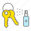 clean, cleaning, disinfection, key, keys, sanitizer, spray 