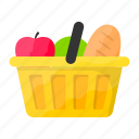 food items, grocery basket, food basket, picnic basket, hamper, fruits