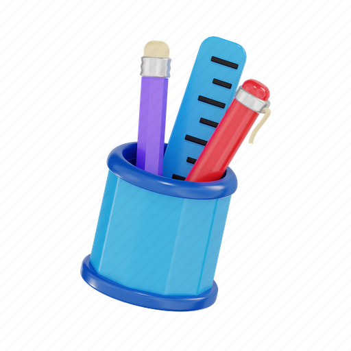 Pencil case, pencil, stationery, pen, ruler, office, scale 3D illustration - Download on Iconfinder