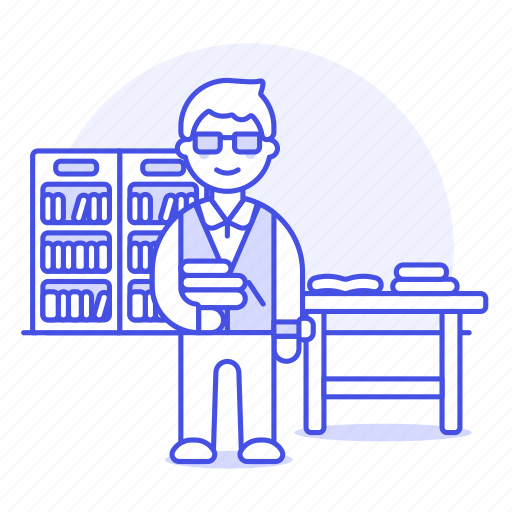 Education, employee, registry, librarian, male, desk, bookshelves icon - Download on Iconfinder