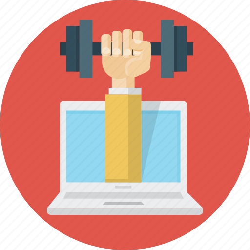 Online, training, coaching, dumbbell, hand, laptop icon - Download on Iconfinder