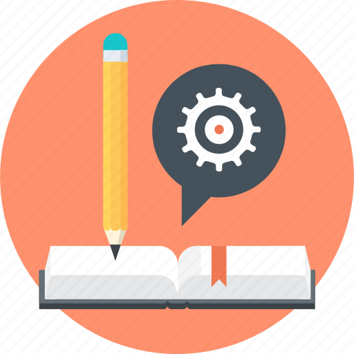 Book, discover, gear, learn, pen, speech bubble, teach icon - Download on Iconfinder