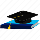 books, cap, graduate, graduation, graduation cap