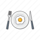 fried, egg, plate, fork, knife, omelette, food