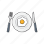 fried, egg, plate, fork, knife, omelette, food 