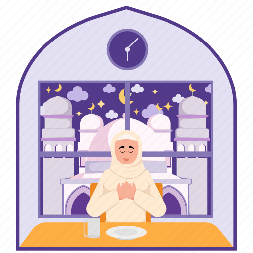 Woman, reading, prayers, eating, restaurant, education, hijab illustration - Download on Iconfinder