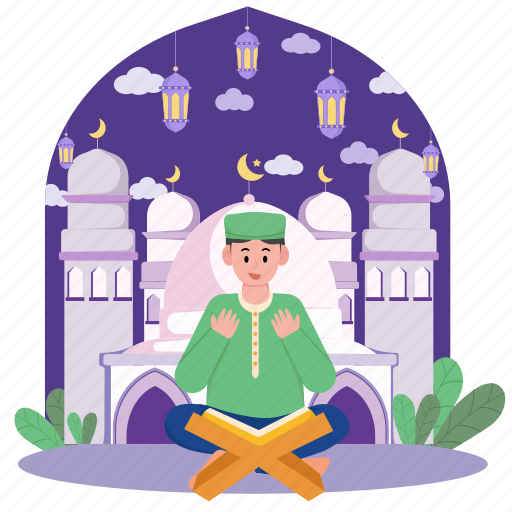 Man, praying, reading, quran, ramadan, muslim, mosque illustration - Download on Iconfinder