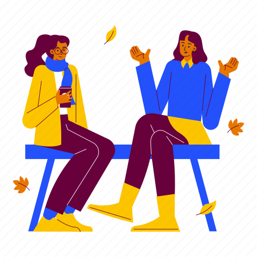 Sitting on the park with friends, park, bench, chit chat, girls, coffee time, autumn season illustration - Download on Iconfinder